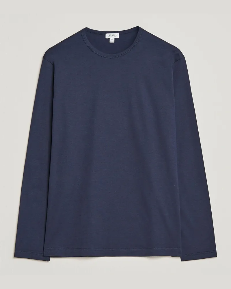 Sunspel Long Sleeve Crew Neck Cotton Tee Navy Blau