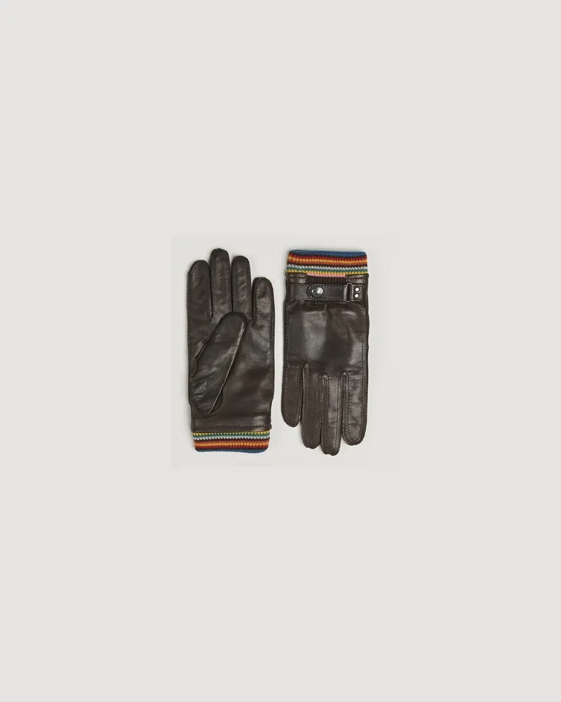 Paul Smith Signature Stripe Cuff Leather Glove Dark Brown Braun