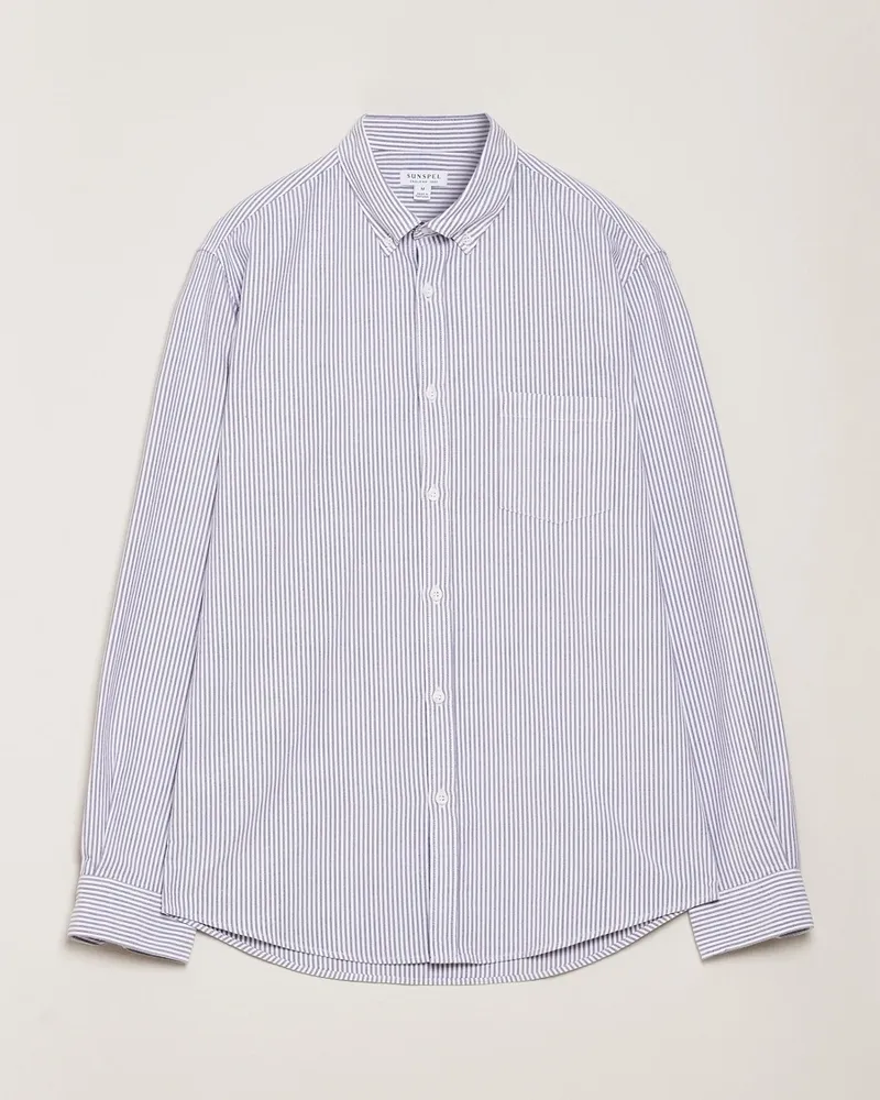 Sunspel Striped Oxford Button Down Shirt White/Navy Blau