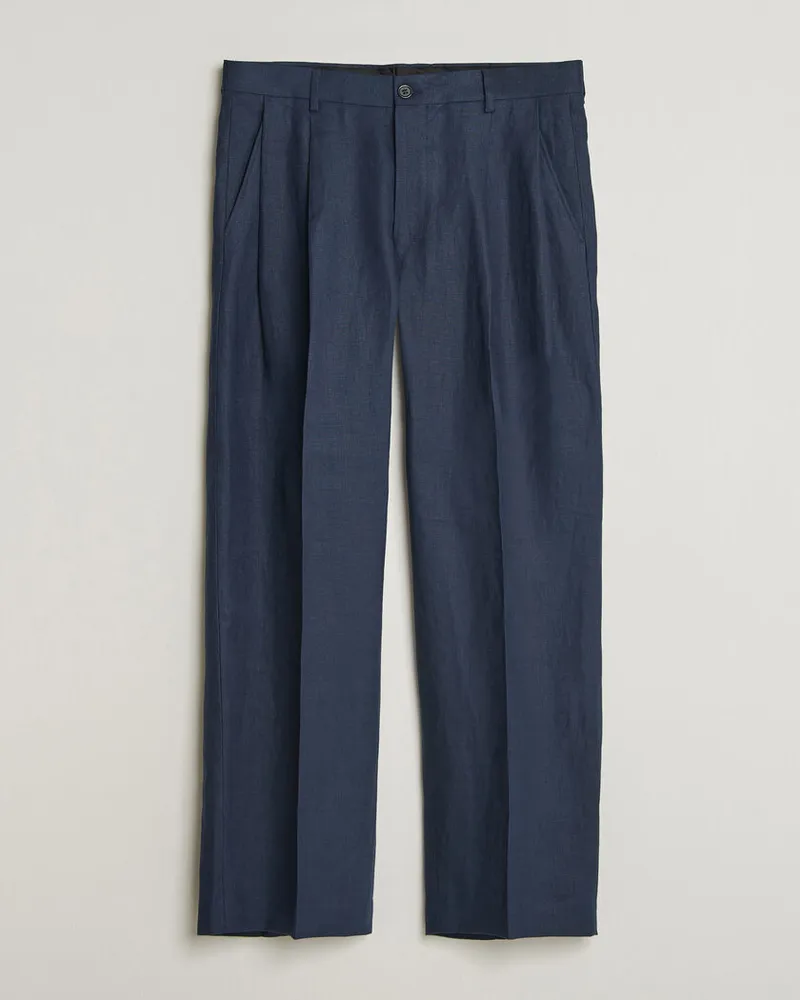 NN 07 Justin Linen Double Pleated Trousers Navy Blue Blau