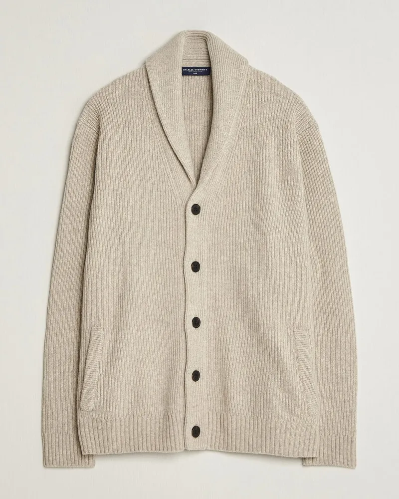 Charles Tyrwhitt Chunky Merino Shawl Neck Cardigan Oat Beige