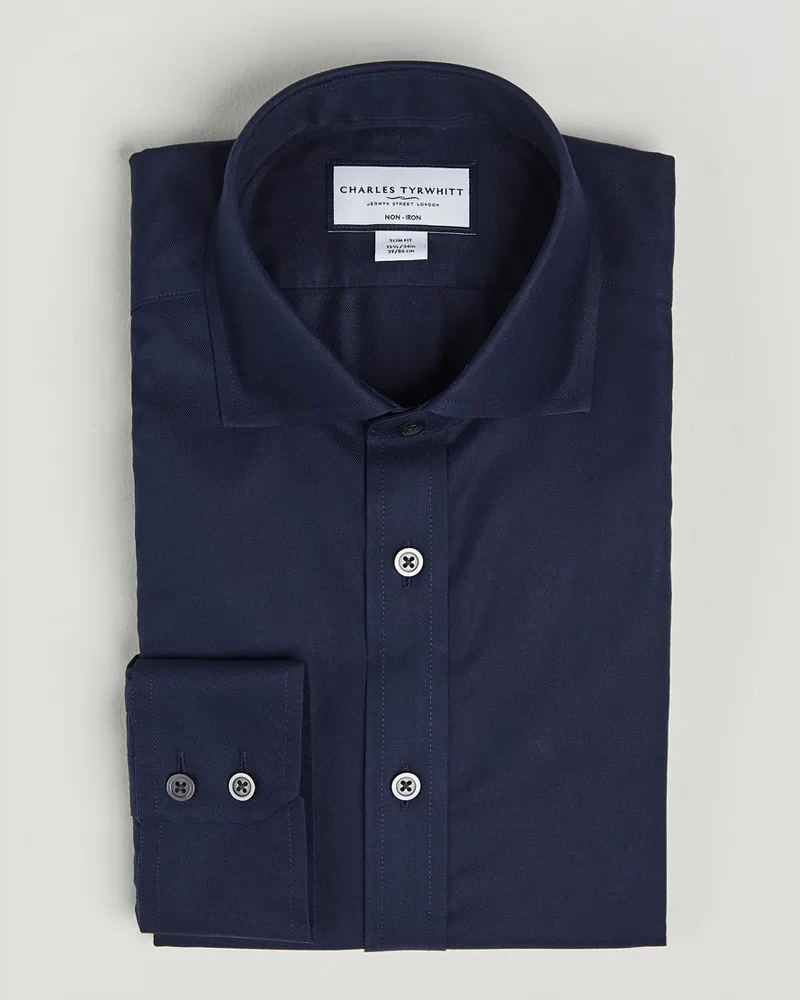 Charles Tyrwhitt Slim Fit Non Iron Cotton Twill Shirt Navy Blau