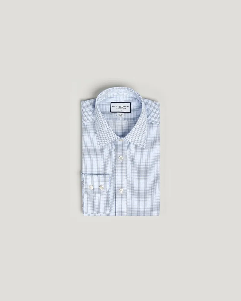 Charles Tyrwhitt Slim Fit Non Iron Mini Grid Check Shirt Sky Blue Blau