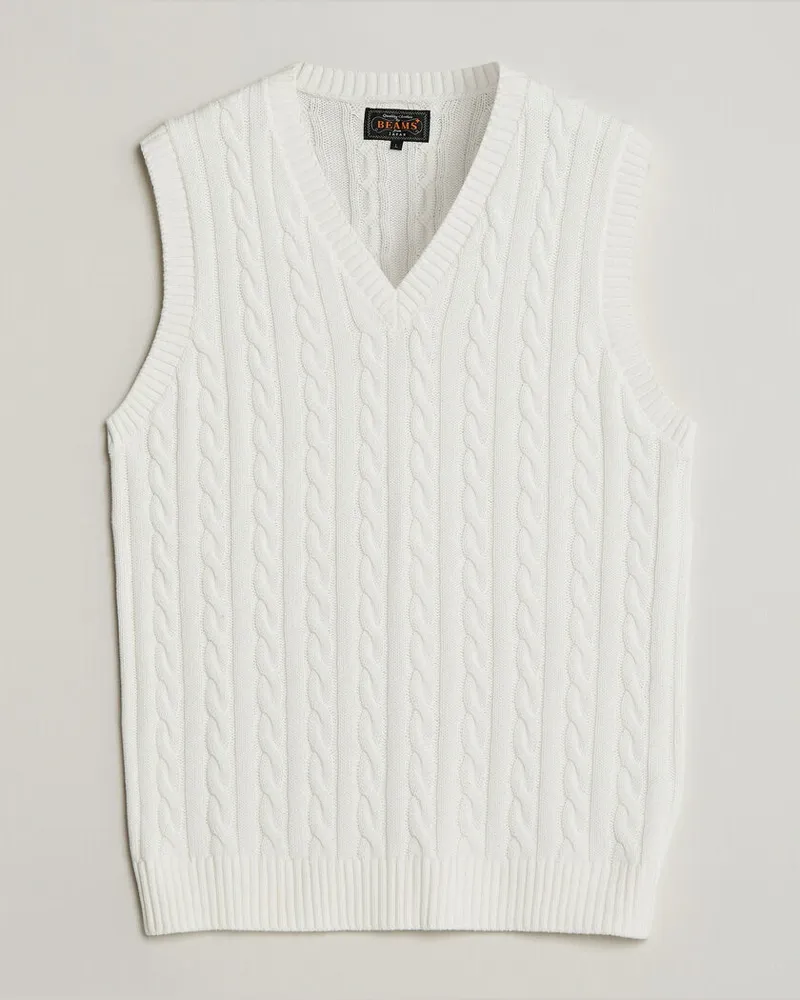 Beams Plus Cable Knit Vest White Weiß