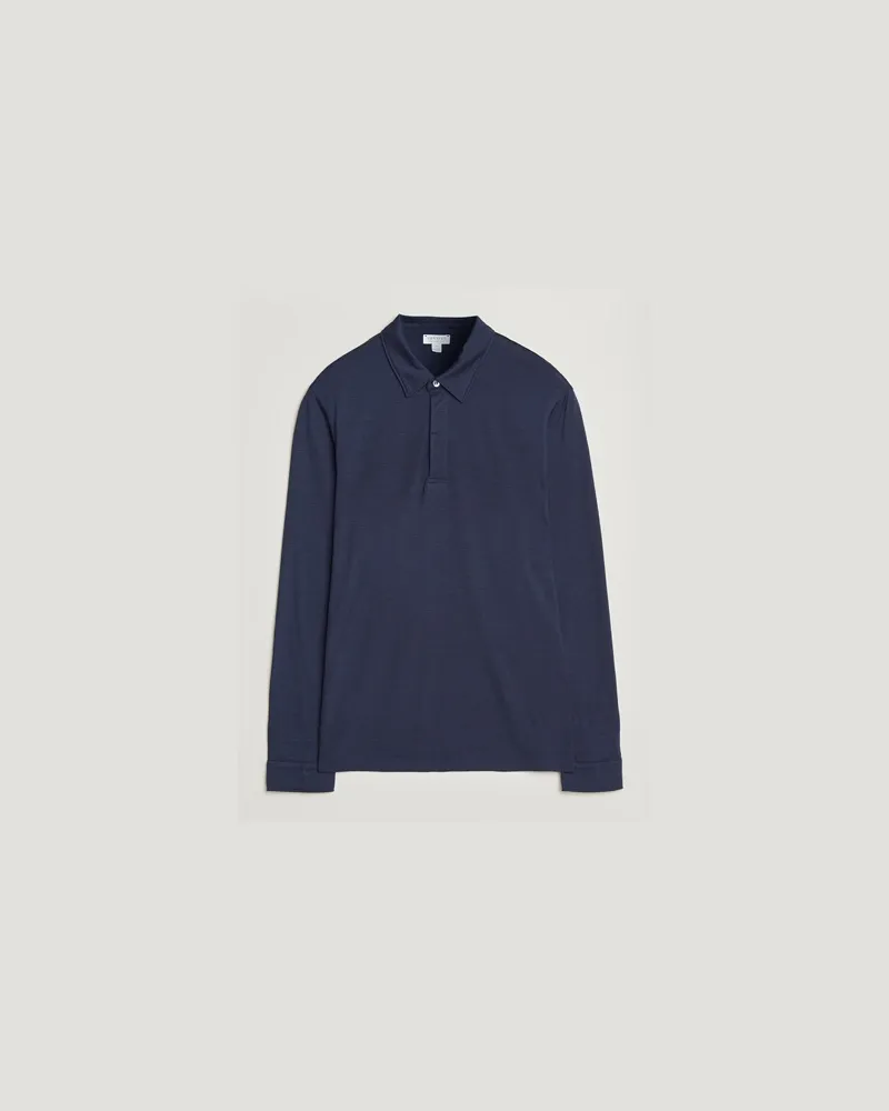 Sunspel Wool Jersey Long Sleeve Polo Navy Blau