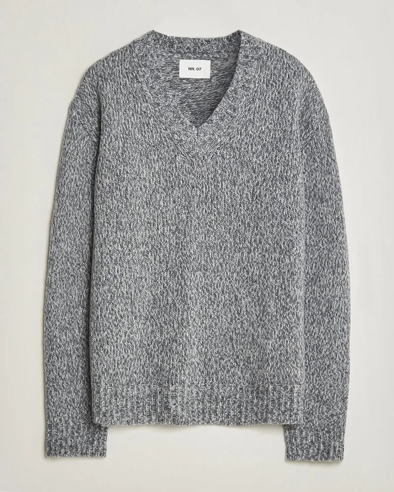 NN 07 Flint Wool Knitted V-Neck Grey Melange Grau