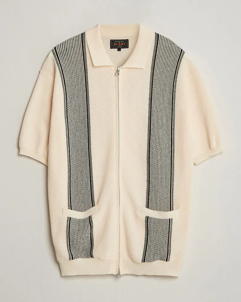 Beams Plus Zip Knit Striped Polo Off White Weiß