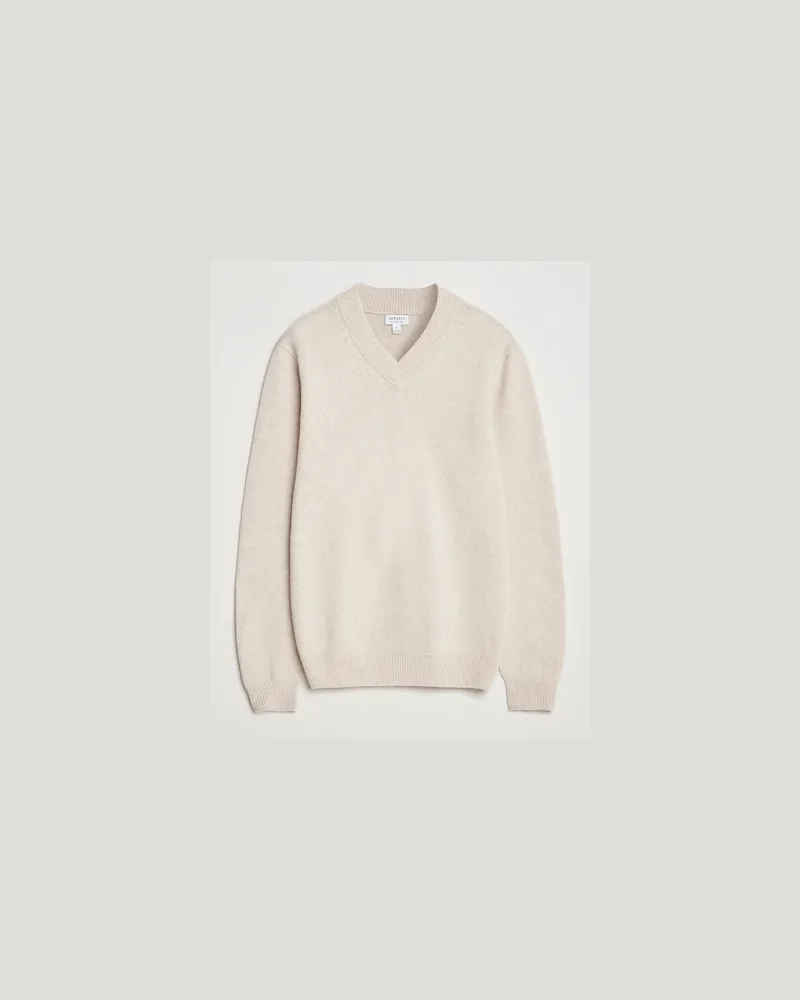 Sunspel Knitted Lambswool V-Neck Oatmeal Melange Beige