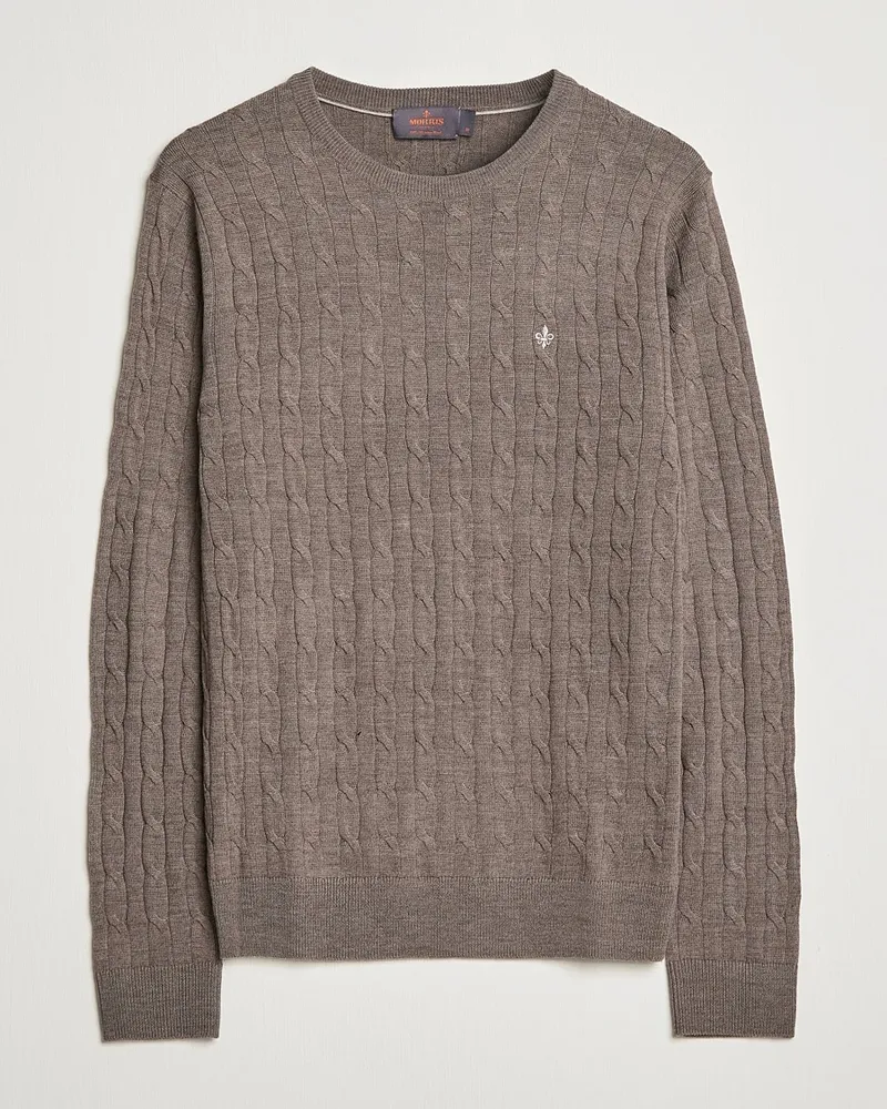 Morris Merino Cable Crew Neck Light Brown Braun