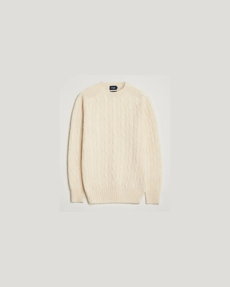 Drake's Drake Brushed Shetland Cable Crew Ecru Weiß