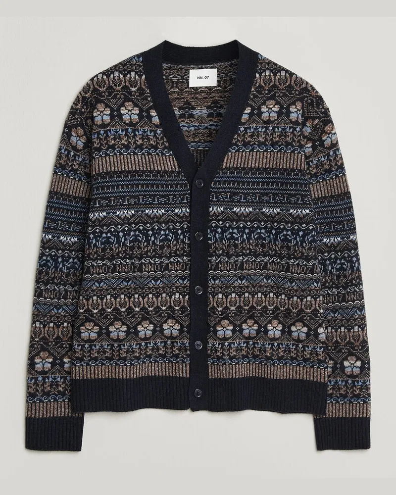 NN 07 Tobias Fairisle Wool Knitted Cardigan Navy Blue Blau