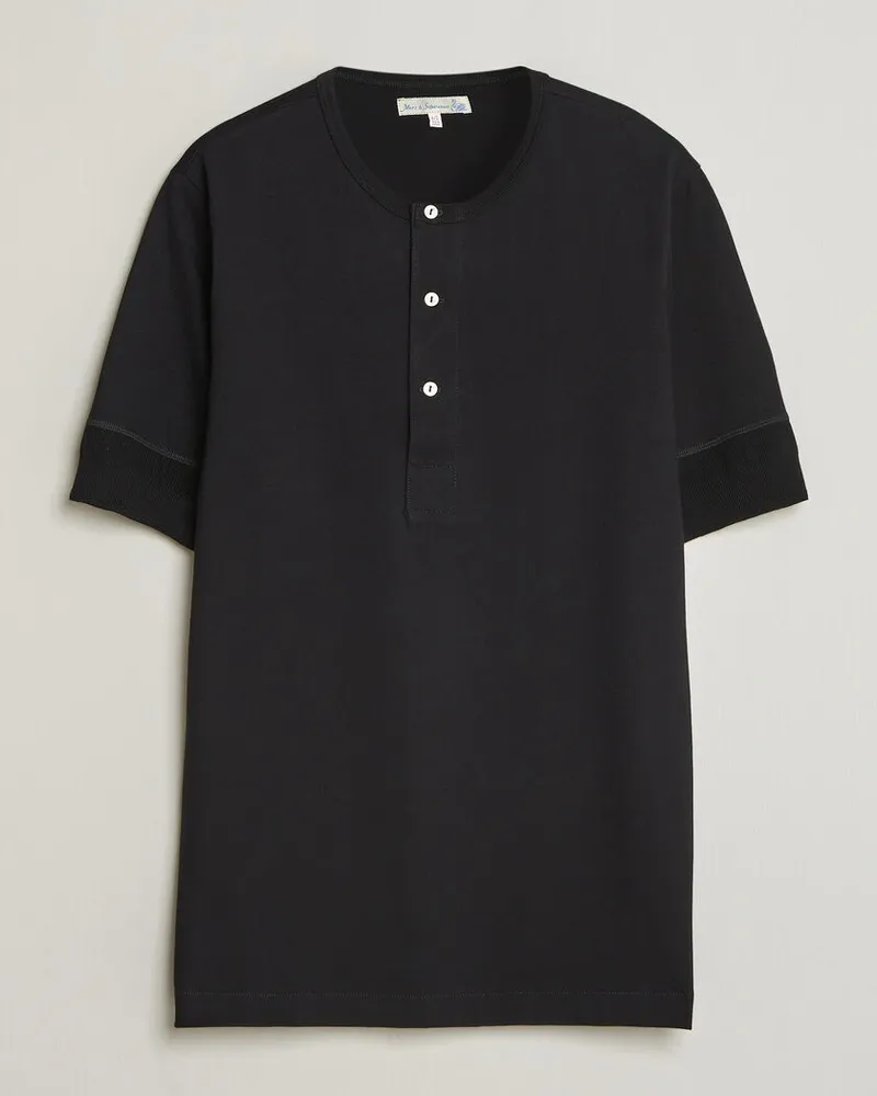 Merz b. Schwanen Classic Organic Cotton Short Sleeve Henley Black Schwarz