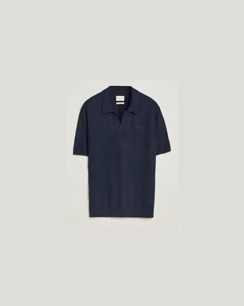 Gant Linen/Cotton Open Collar Polo Evening Blue Blau