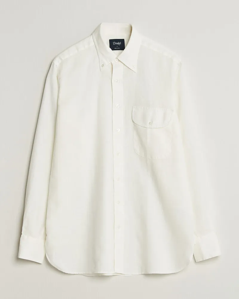 Drake's Drake Linen Button Down Curved Pocket Shirt White Weiß