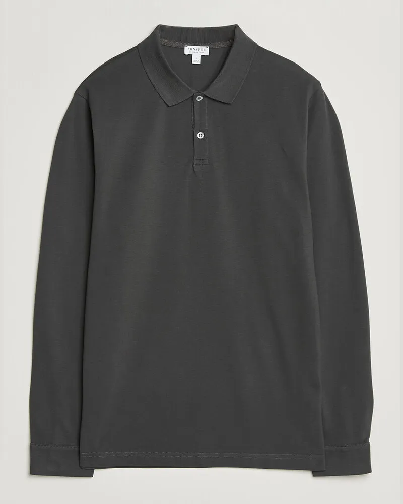 Sunspel Supima Cotton Long Sleeve Pique Polo Anthracite Grau