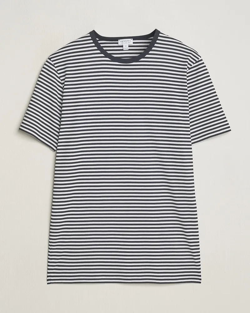 Sunspel Striped Crew Neck Q82 Cotton T-Shirt White/Navy Blau