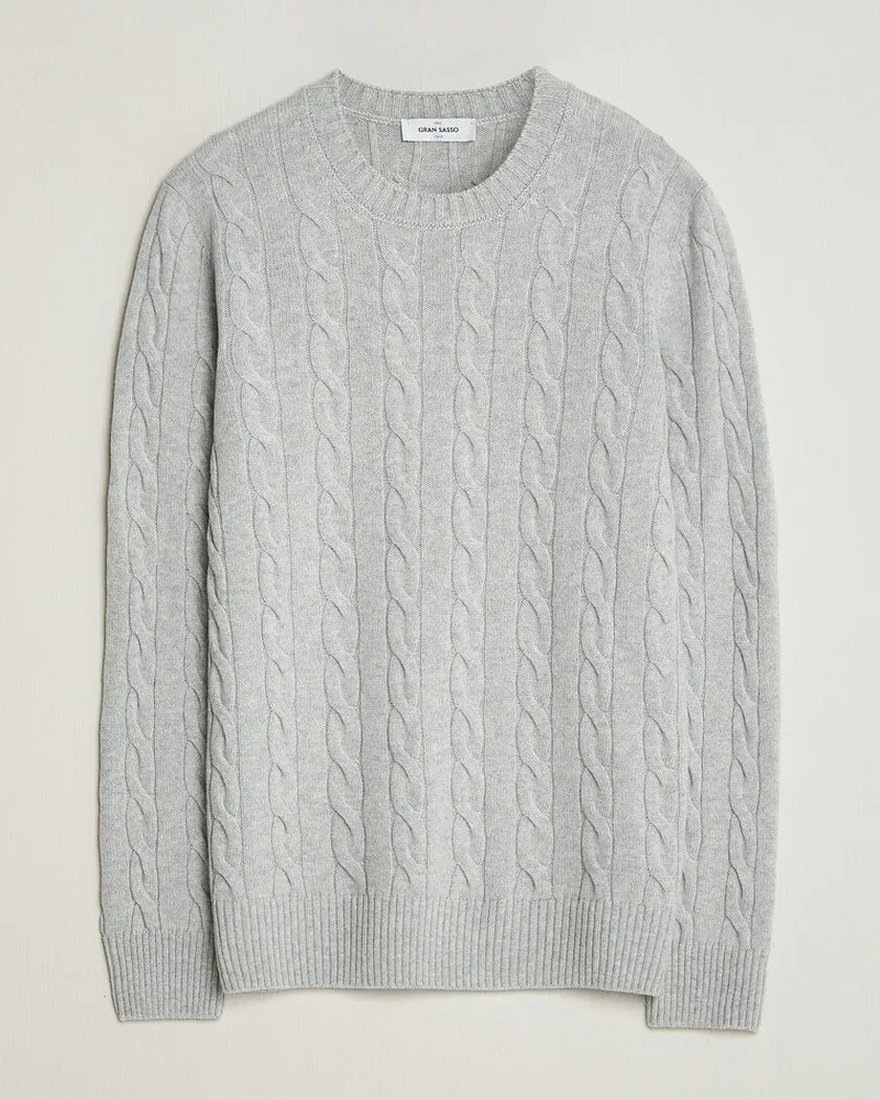 Gran Sasso Wool/Cashmere Cable Crew Neck Light Grey Melange Grau