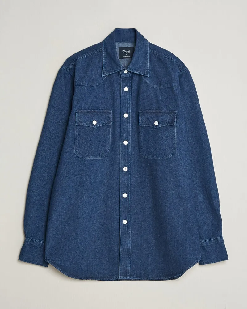 Drake's Drake Western Selvedge Denim Shirt Stone Wash Indigo Blau
