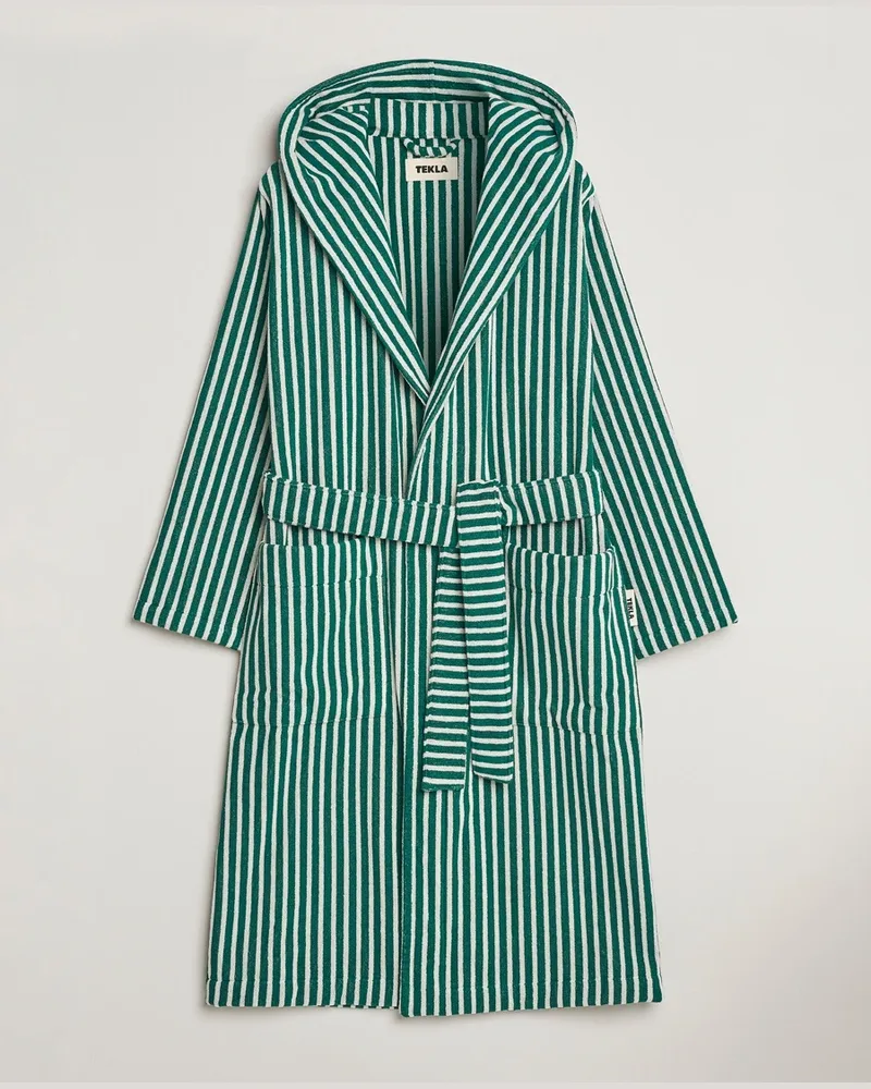 TEKLA Organic Terry Hooded Bathrobe Teal Green Stripes Grün