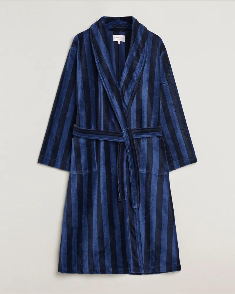 Derek Rose Striped Cotton Velour Gown Navy Blau