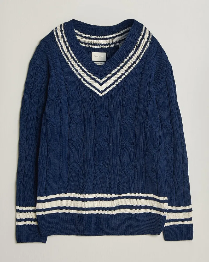 Gant Mercerized Cotton Knitted Cable V-Neck Persian Blue Blau