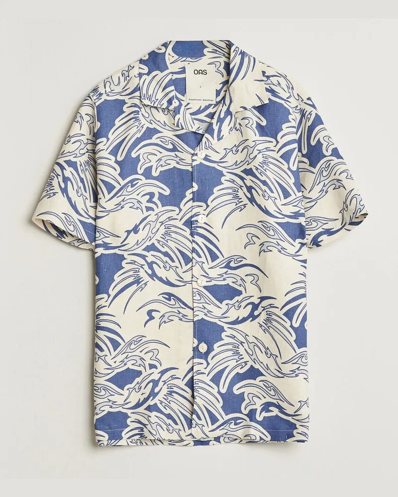 OAS Cuba Short Sleeve Printed Linen Shirt Rouge Blue Blau