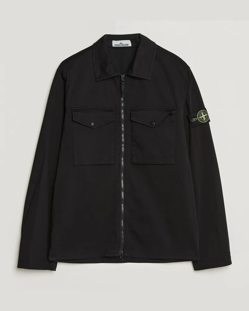 Stone Island Organic Cotton Satin Stretch Zip Overshirt Black Schwarz