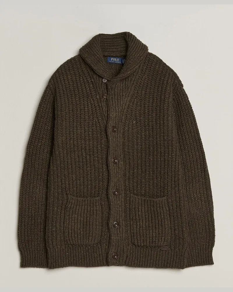 Ralph Lauren Wool Blend Shawl Collar Cardigan Olive Brown Marl Grün