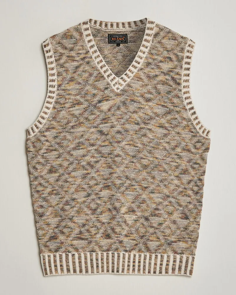 Beams Plus Kasuri Jacquard Knit Vest Beige Beige