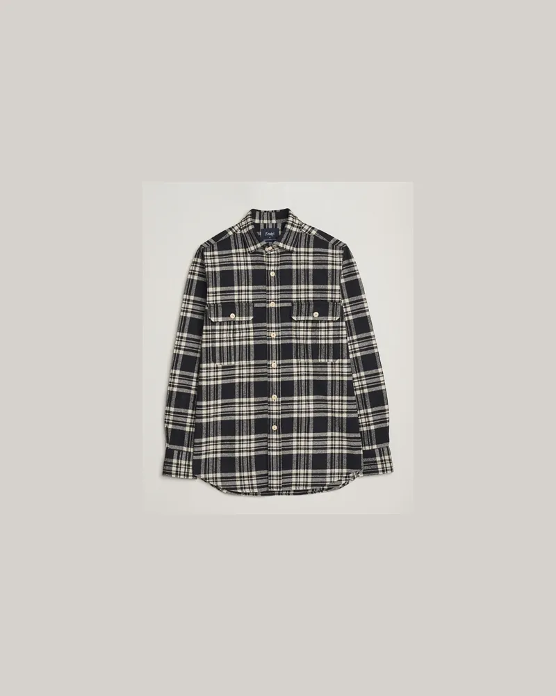 Drake's Check Heavy Cotton Work Shirt Navy/White Blau
