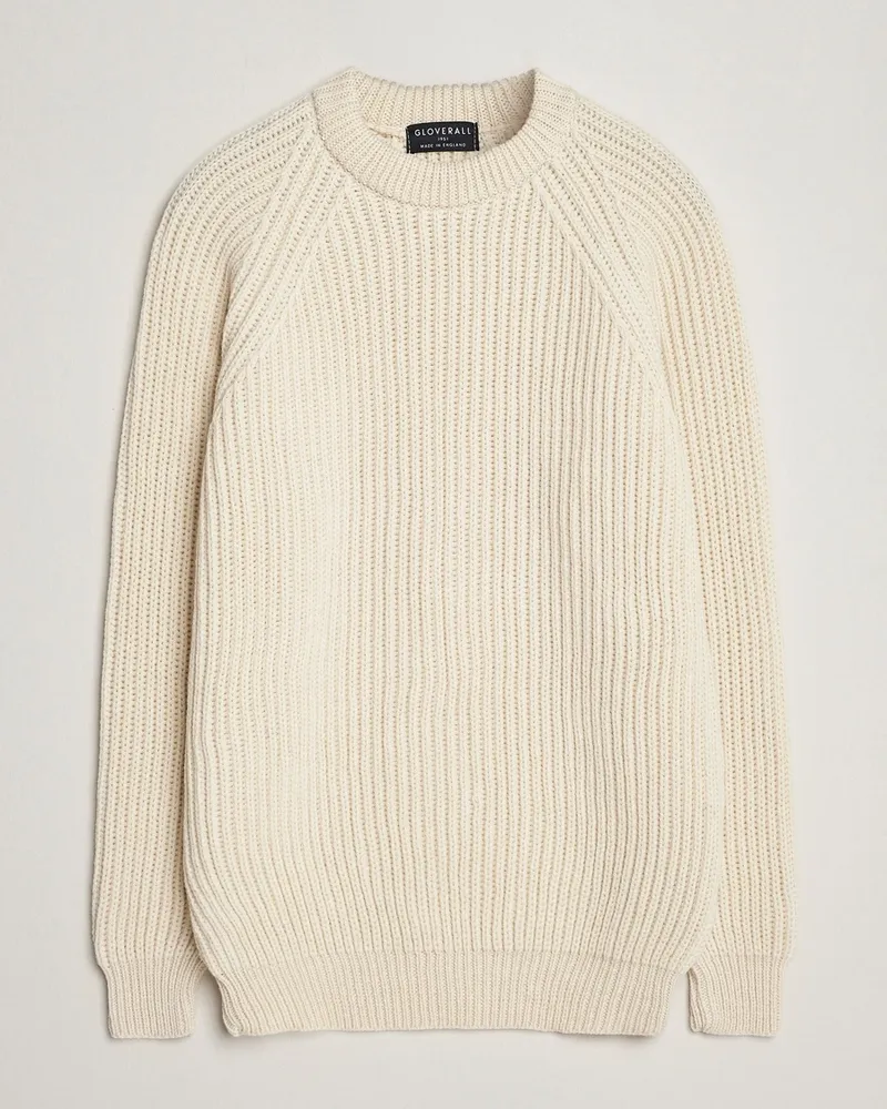 Gloverall Fisherman Rib Chunky Wool Crew Neck Ecru Beige