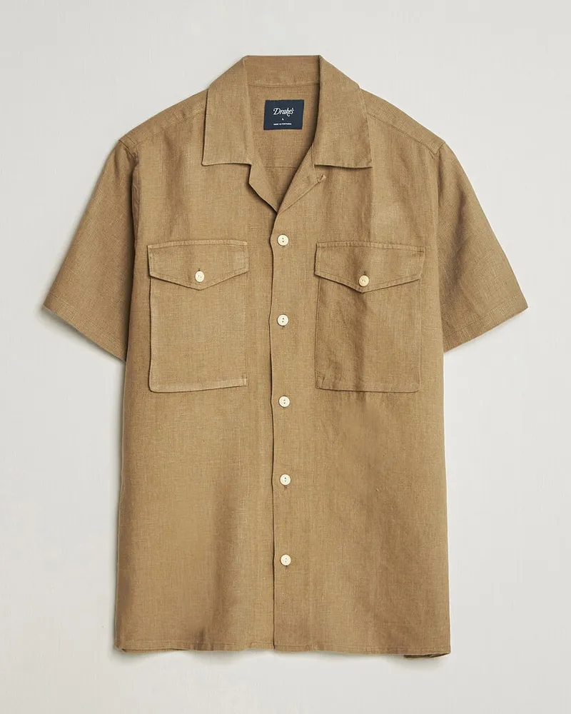 Drake's Military Short Sleeve Camp Collar Shirt Khaki Grün