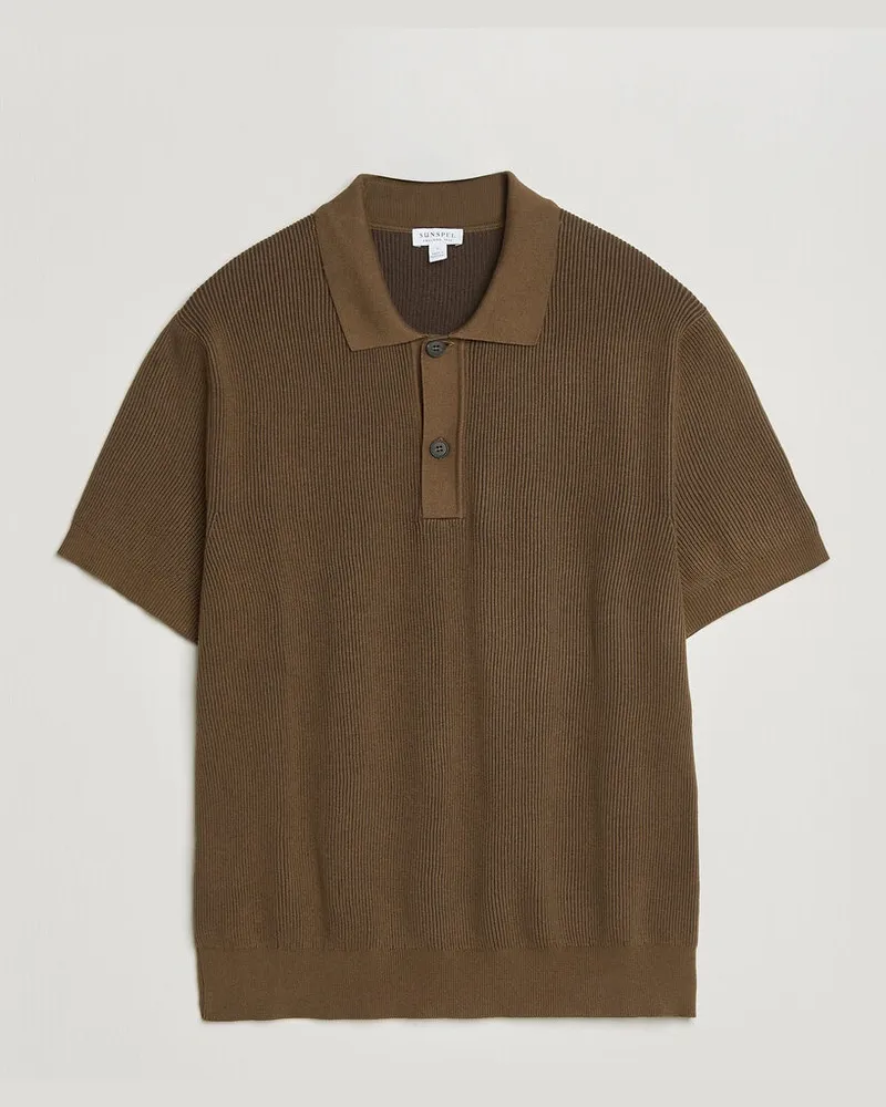 Sunspel Knitted Cotton Rib Polo Bronze Braun