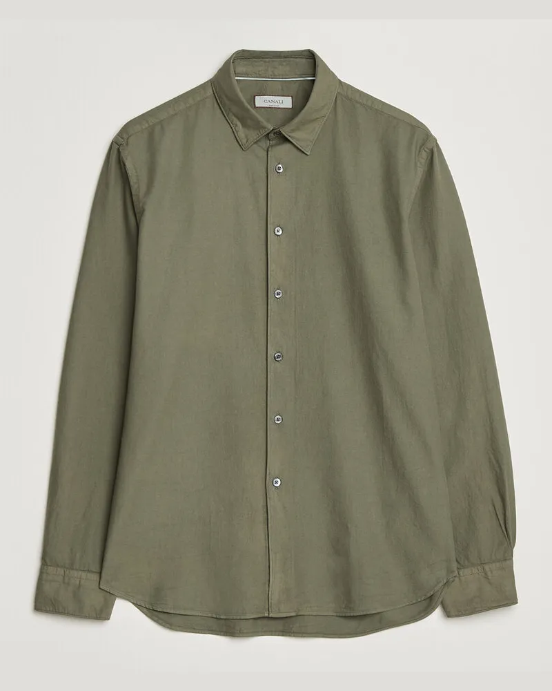 Canali Garment Dyed Cotton Shirt Olive Grün