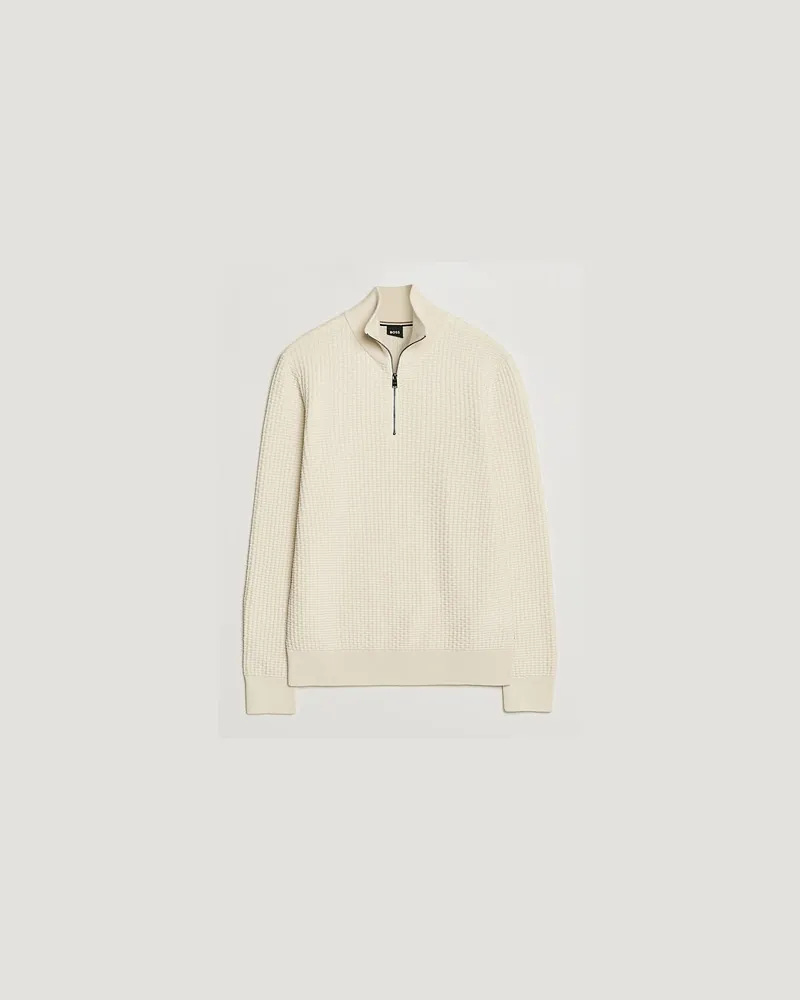 HUGO BOSS Ulicio Structured Knitted Half Zip Open White Beige