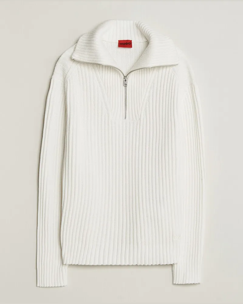HUGO BOSS Srtithon Cotton Knitted Half Zip Natural Weiß
