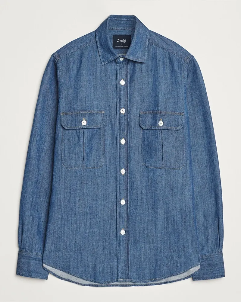 Drake's Drake Denim Cotton Two Pocket Work Shirt Blue Blau