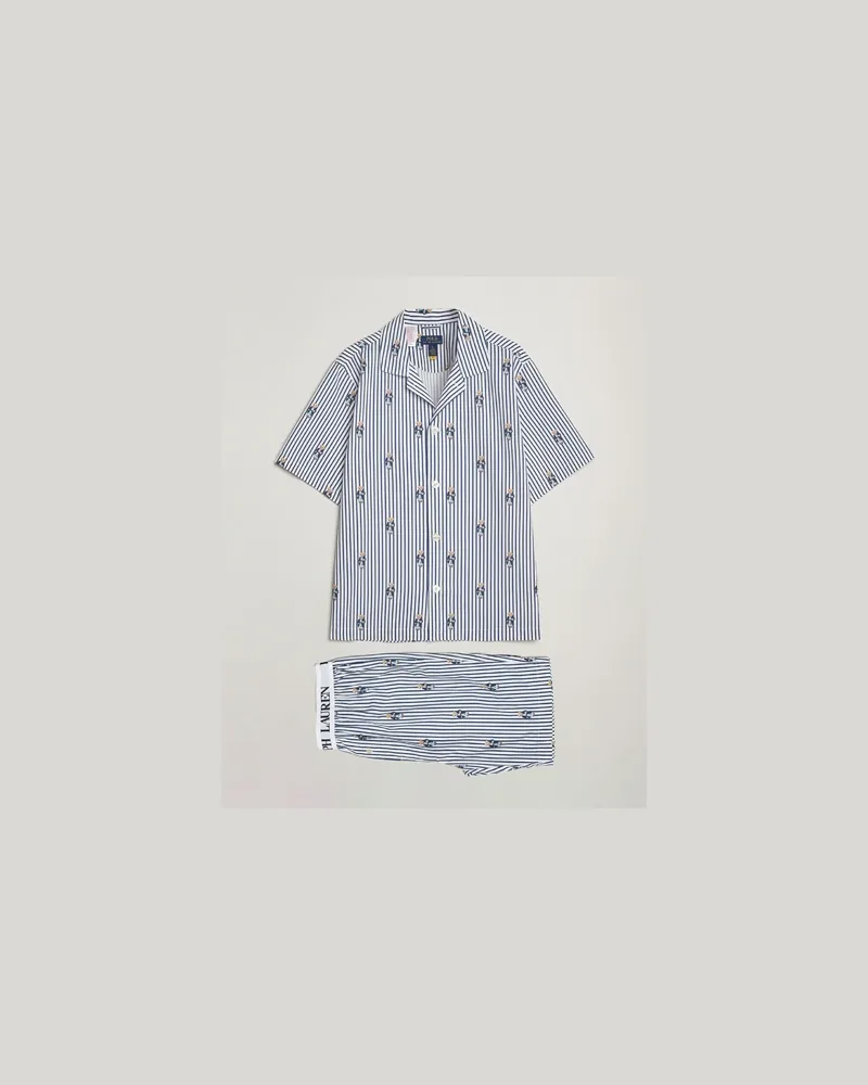 Ralph Lauren Cotton Short Sleeve Pyjama Set Stripe/Bear Weiß