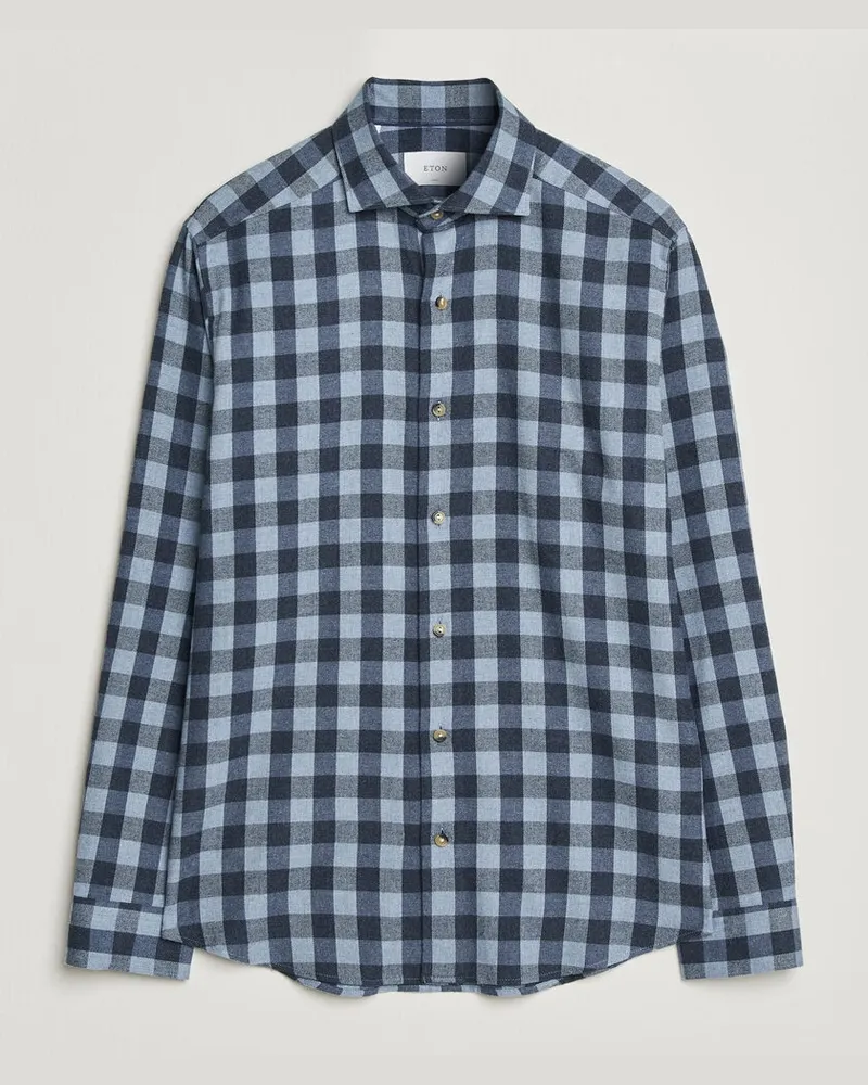 Eton Casual Fit Checked Flannel Shirt Mid Blue Blau
