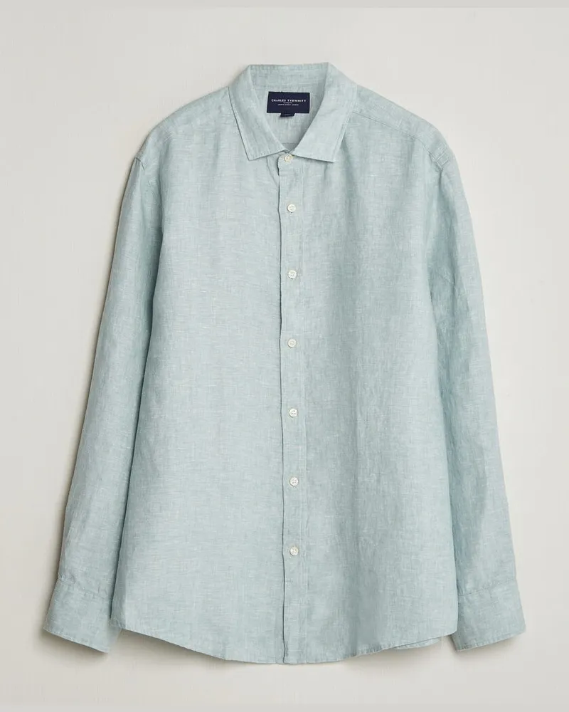 Charles Tyrwhitt Pure Linen Slim Fit Shirt Pale Teal Green Grün
