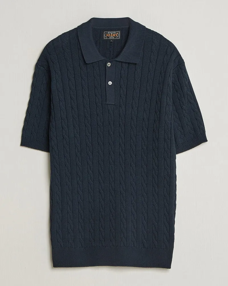 Beams Plus Short Sleeve Cable Polo Navy Blau