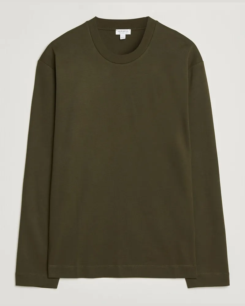 Sunspel Heavy Weight Supima Cotton Long Sleeve T-Shirt Green Grün