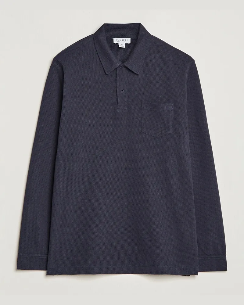 Sunspel Long Sleeve Riviera Polo Shirt Navy Blau