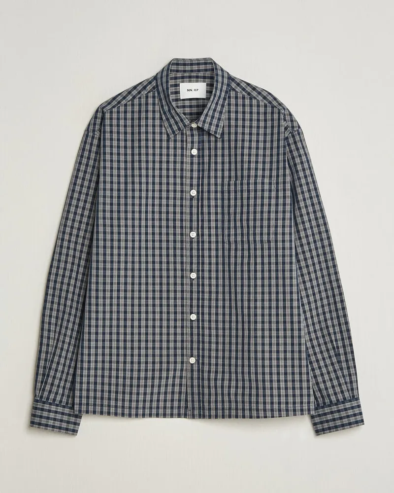 NN 07 Deon Brushed Cotton Checked Shirt Navy Blue Blau