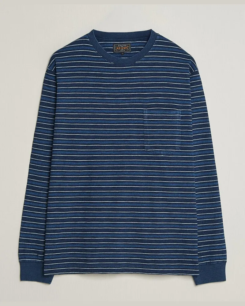 Beams Plus Indigo Stripe LS T-Shirt Navy Blau