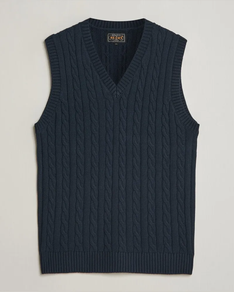 Beams Plus Cable Knit Vest Navy Blau