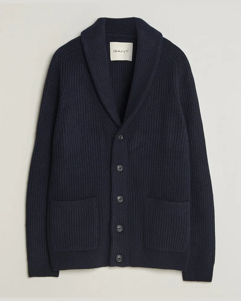Gant Wool/Cotton Ribbed Shawl Collar Cardigan Evening Blue Blau