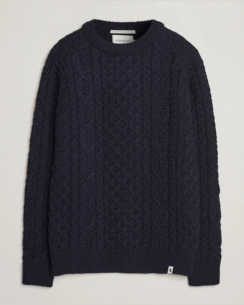 Peregrine Hudson Wool Aran Knitted Jumper Navy Blau