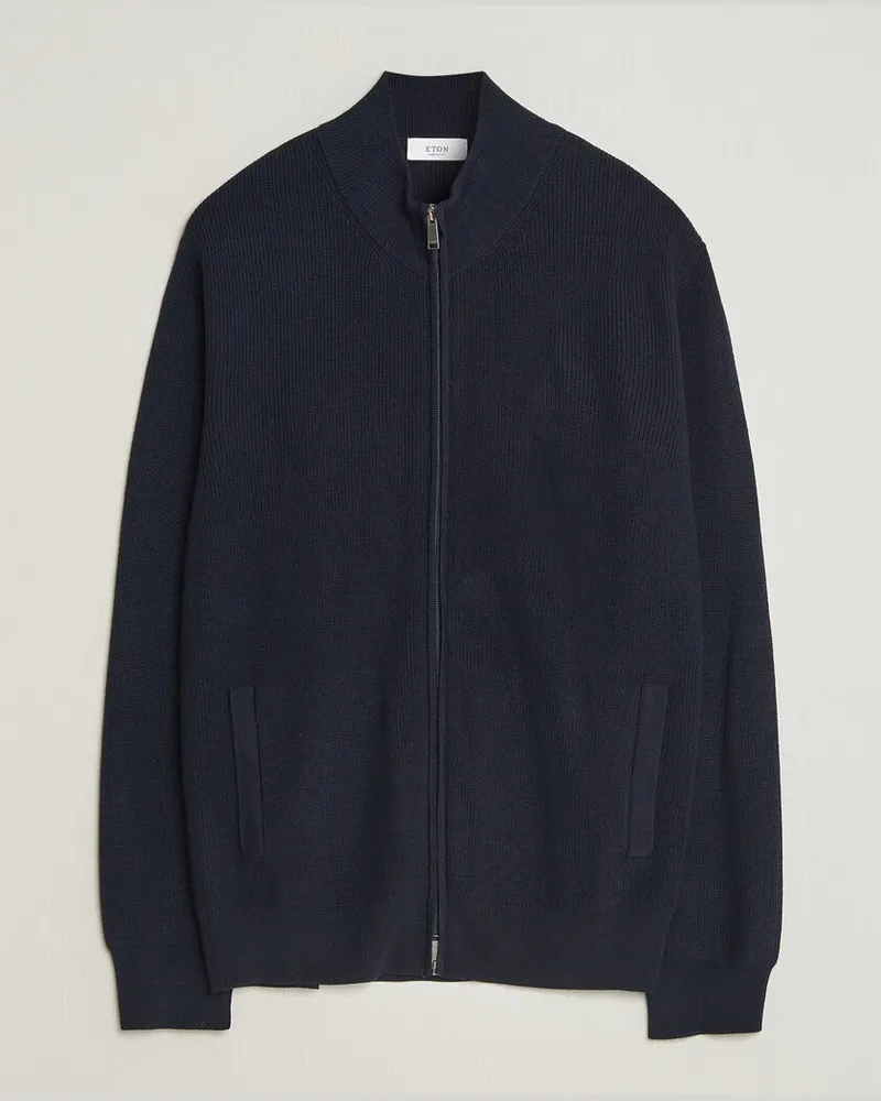 Eton Merino Wool Knitted Full Zip Navy Blue Blau