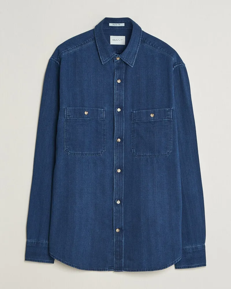 Gant Regular Fit Indigo Herringbone Overshirt Mid Blue Blau